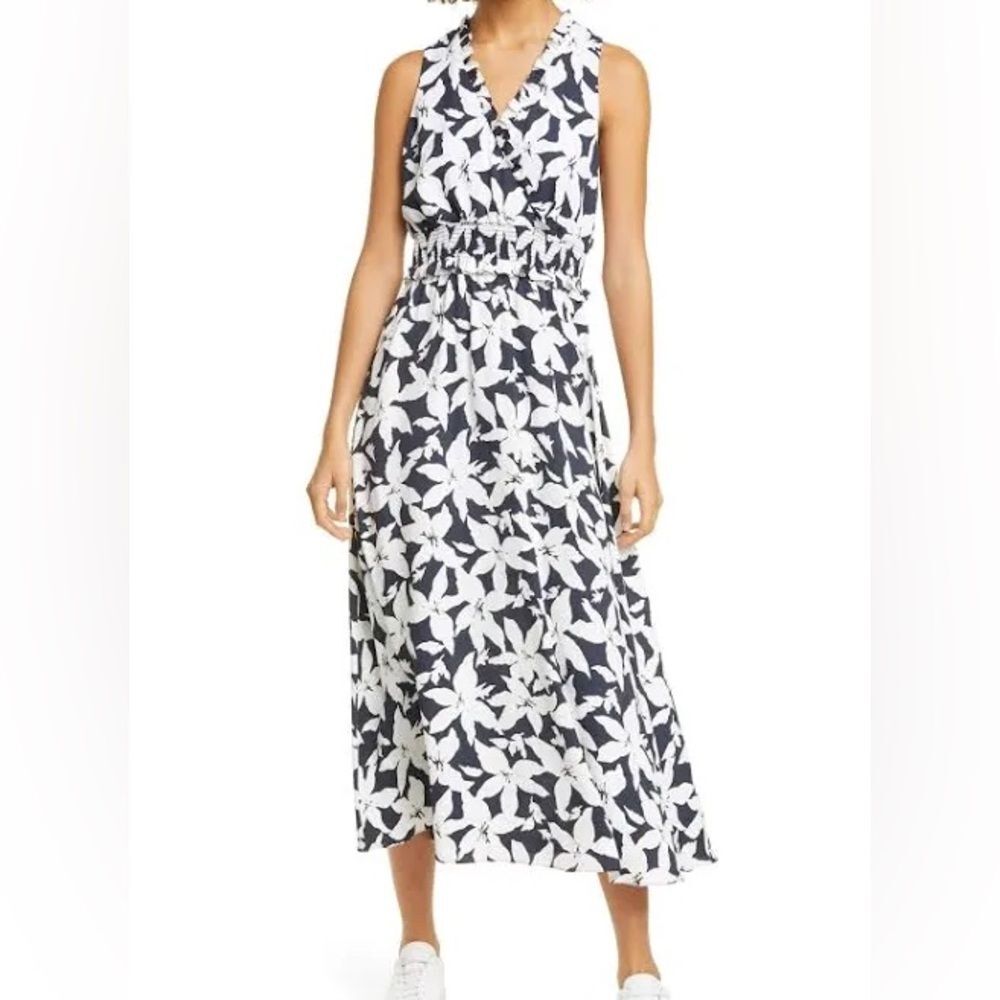 JOIE Yashi B Crepe Smocked Waist Floral Dress In Deep Sea Vacation Wedding Guest